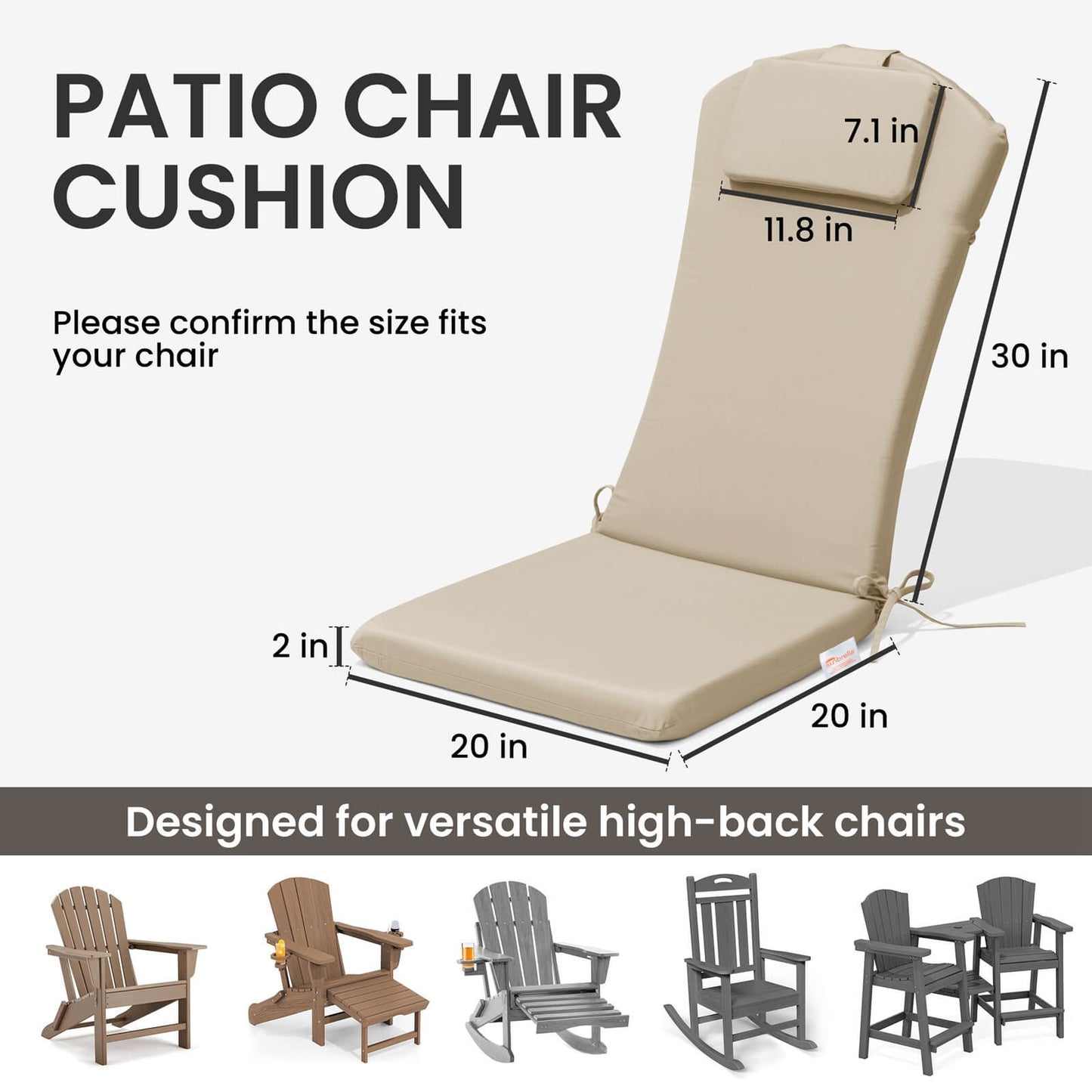 50x20" Outdoor Adirondack Chair Cushion with Built-in Headrest