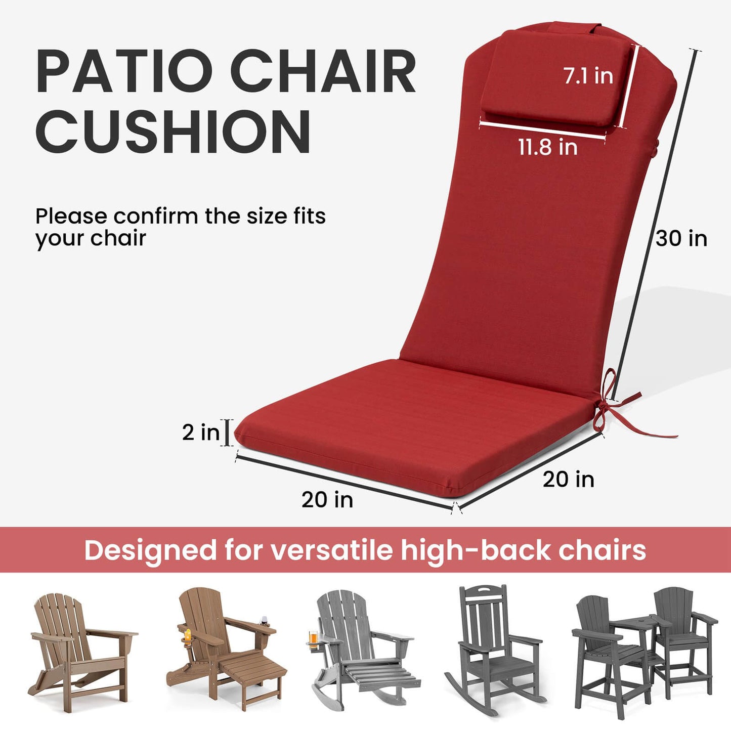 50x20" Outdoor Adirondack Chair Cushion with Built-in Headrest