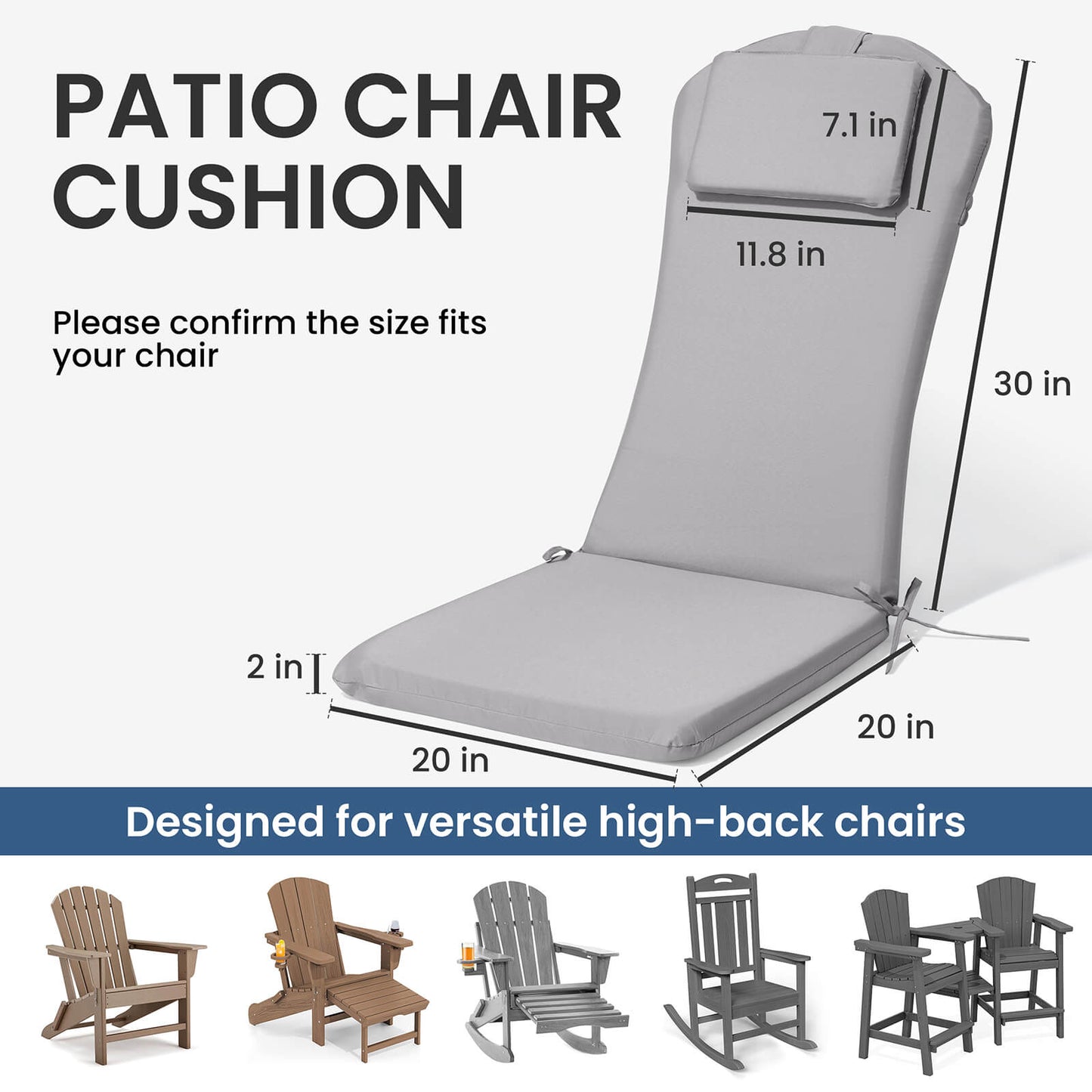 50x20" Outdoor Adirondack Chair Cushion with Built-in Headrest