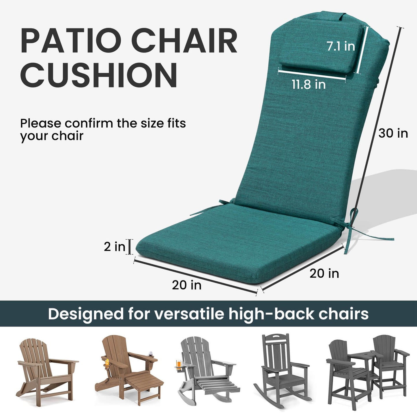 50x20" Outdoor Adirondack Chair Cushion with Built-in Headrest