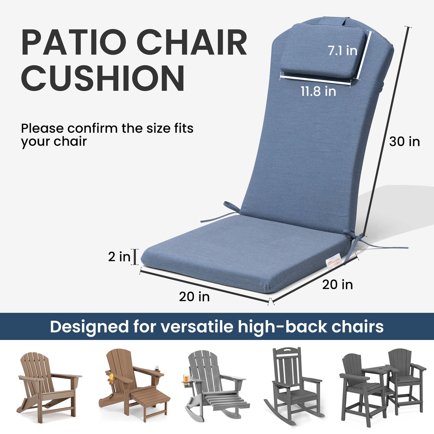 50x20" Outdoor Adirondack Chair Cushion with Built-in Headrest