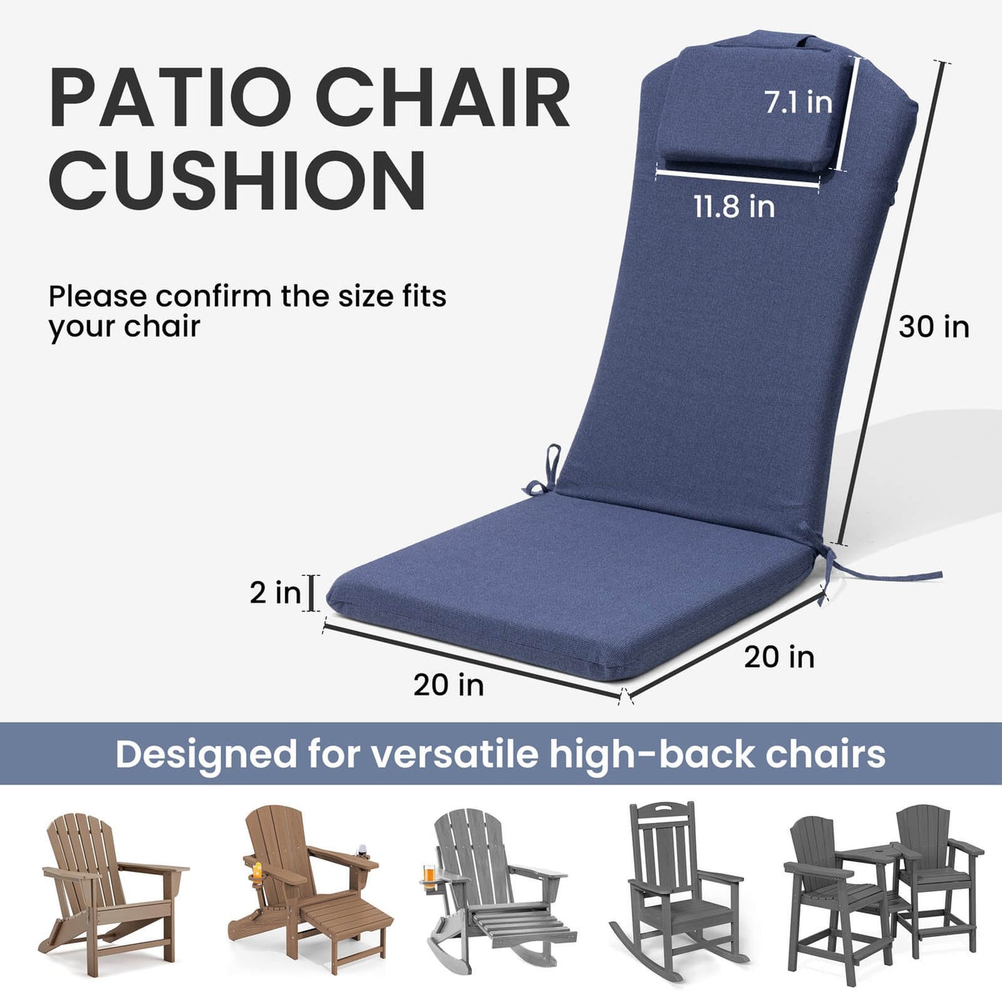 50x20" Outdoor Adirondack Chair Cushion with Built-in Headrest