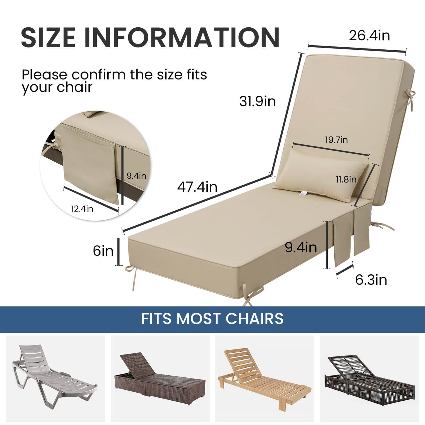 80x26" Outdoor Chaise Lounge Cushion