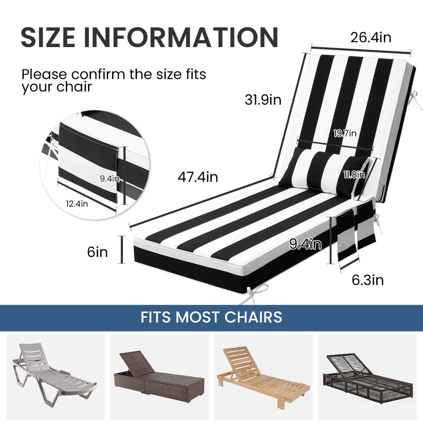 80x26" Outdoor Chaise Lounge Cushion