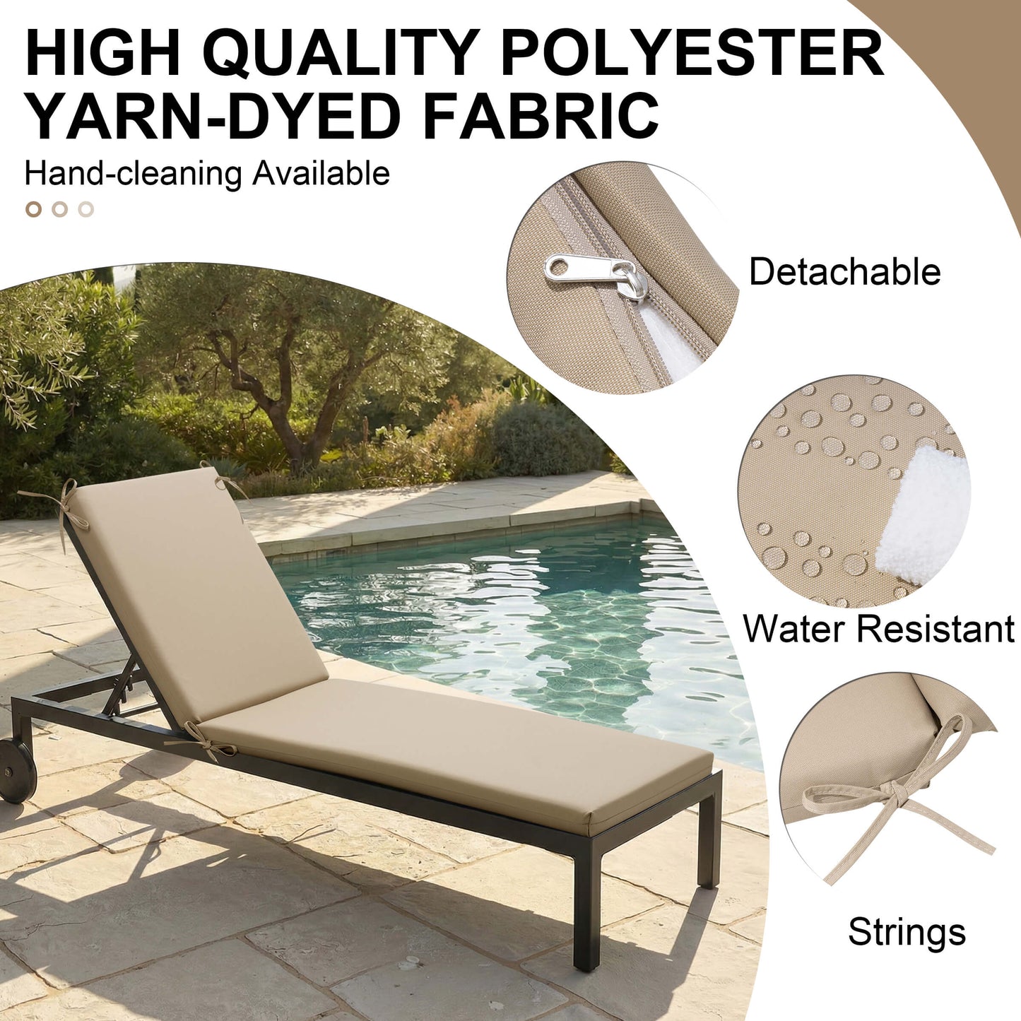 Outdoor Chaise Lounge Cushion with 4 Adjustable Ties