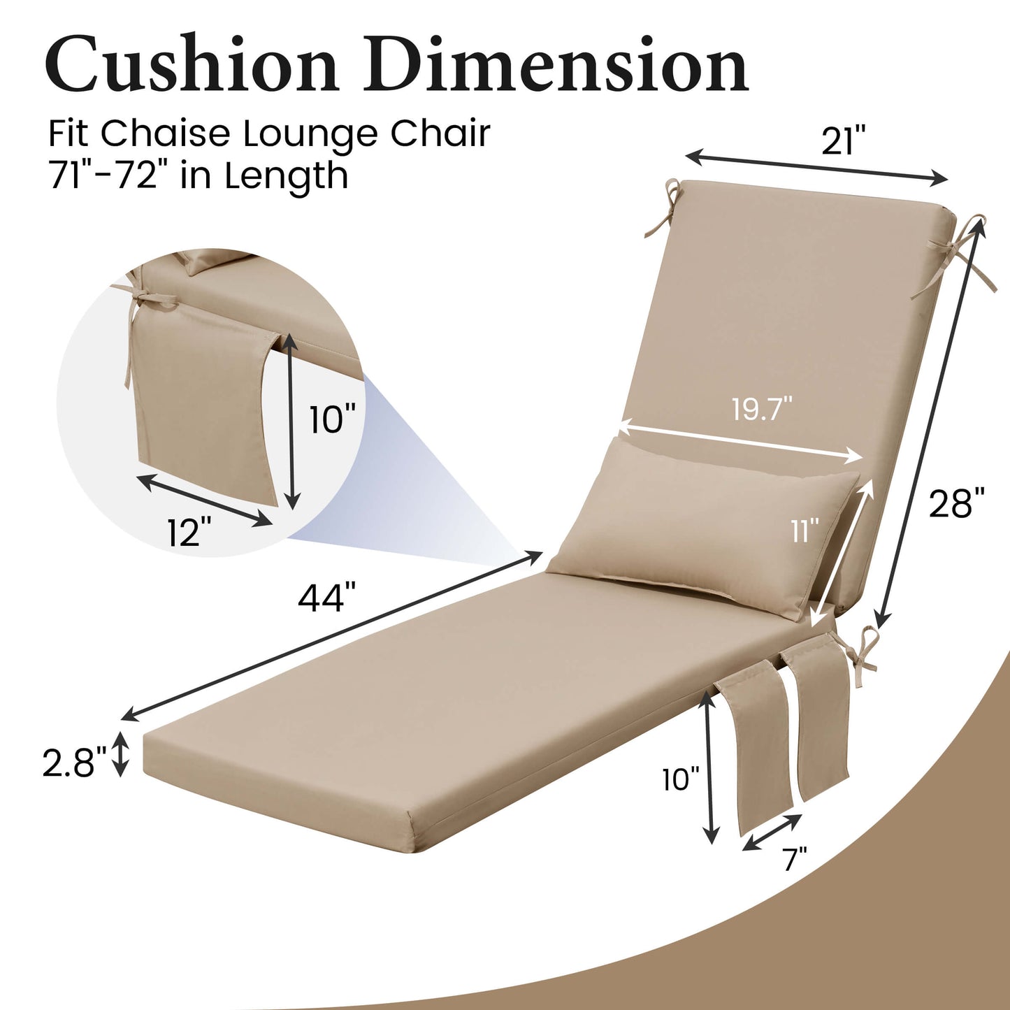 Outdoor Chaise Lounge Cushion with Pillow & Pockets