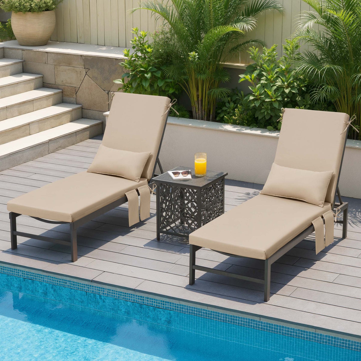 Outdoor Chaise Lounge Cushion with Pillow & Pockets