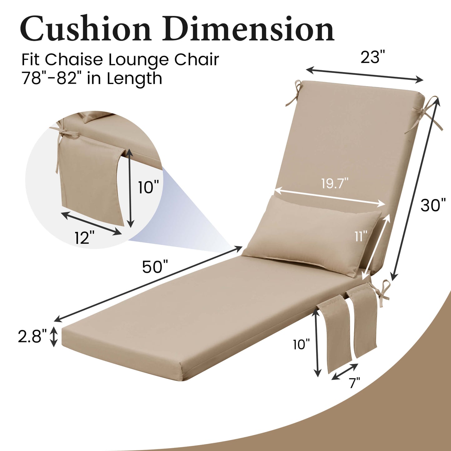 Outdoor Chaise Lounge Cushion with Pillow & Pockets