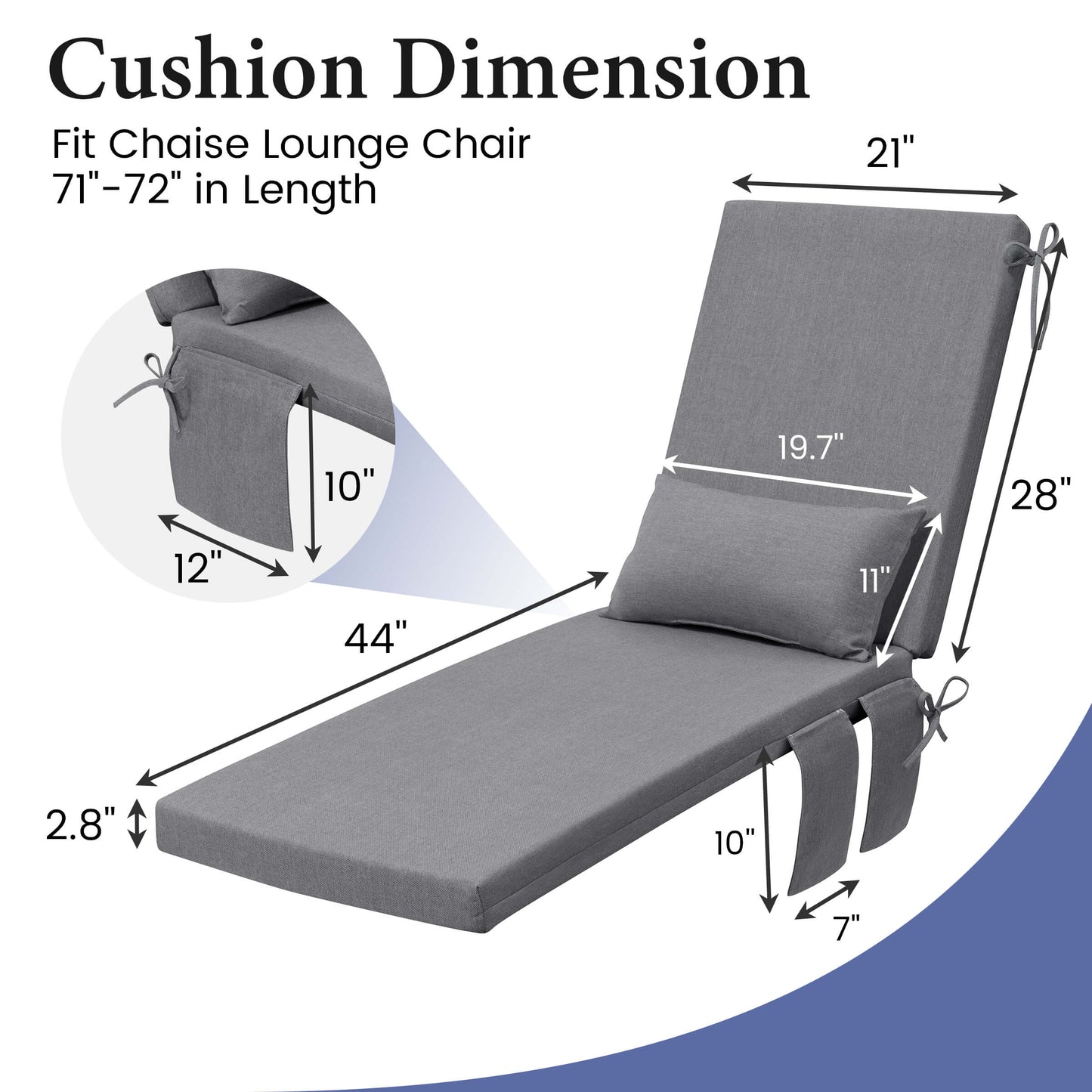 Outdoor Chaise Lounge Cushion with Pillow & Pockets
