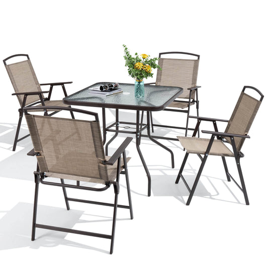 5-piece square patio dining set with tempered glass table, umbrella hole and 4 folding chairs.