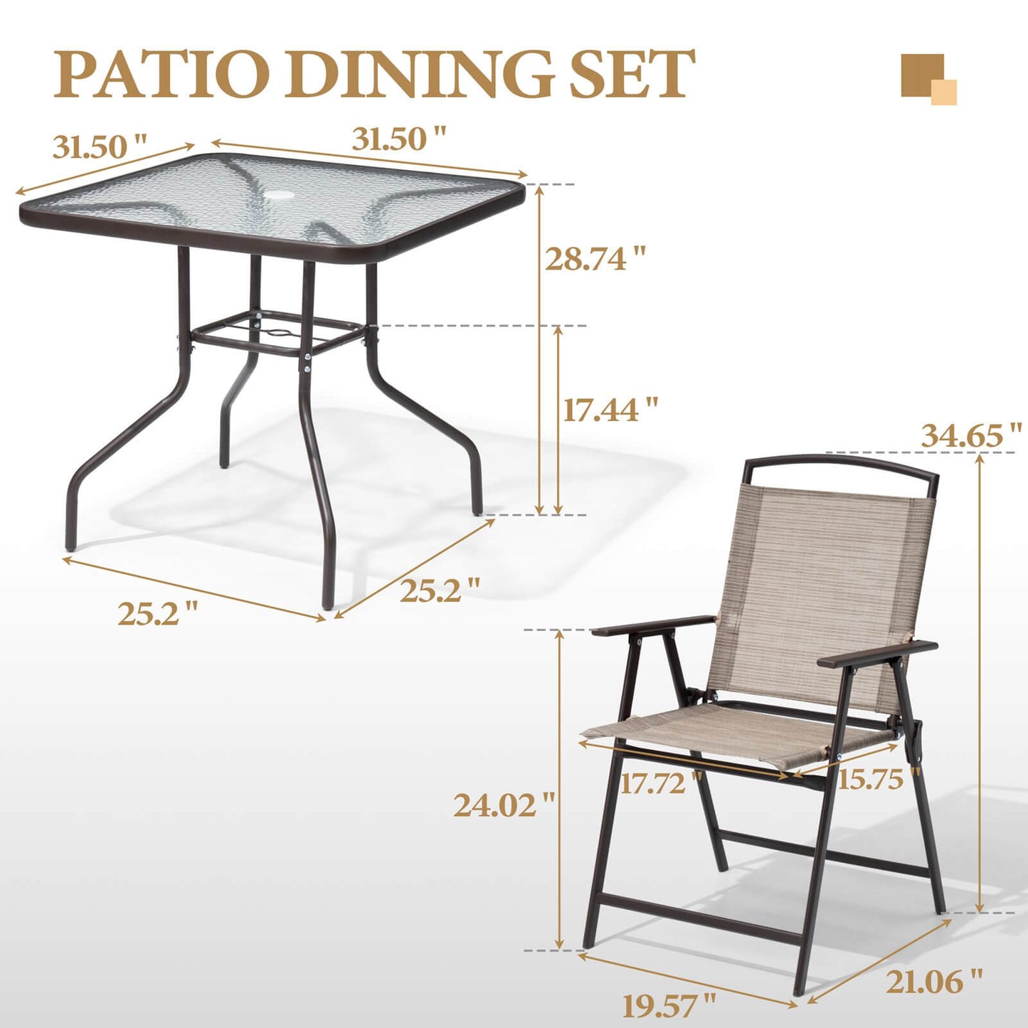 Dimension diagram of 5-piece patio dining set showing square glass table and folding chair measurements.