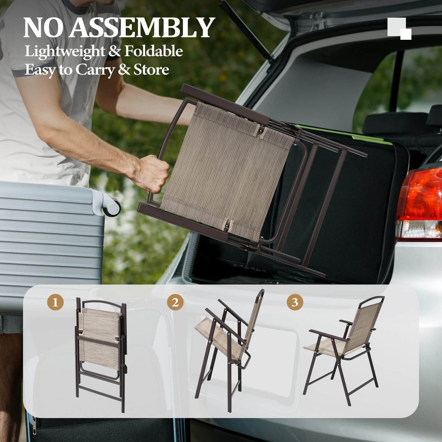 Foldable outdoor dining chair being loaded into a car trunk, showing easy storage and transport.