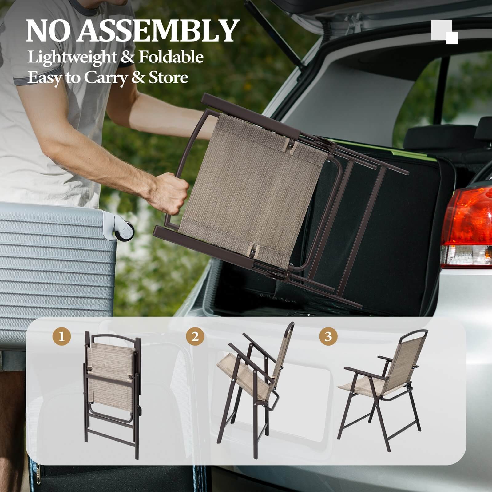Foldable outdoor dining chair being loaded into a car trunk, showing easy storage and transport.