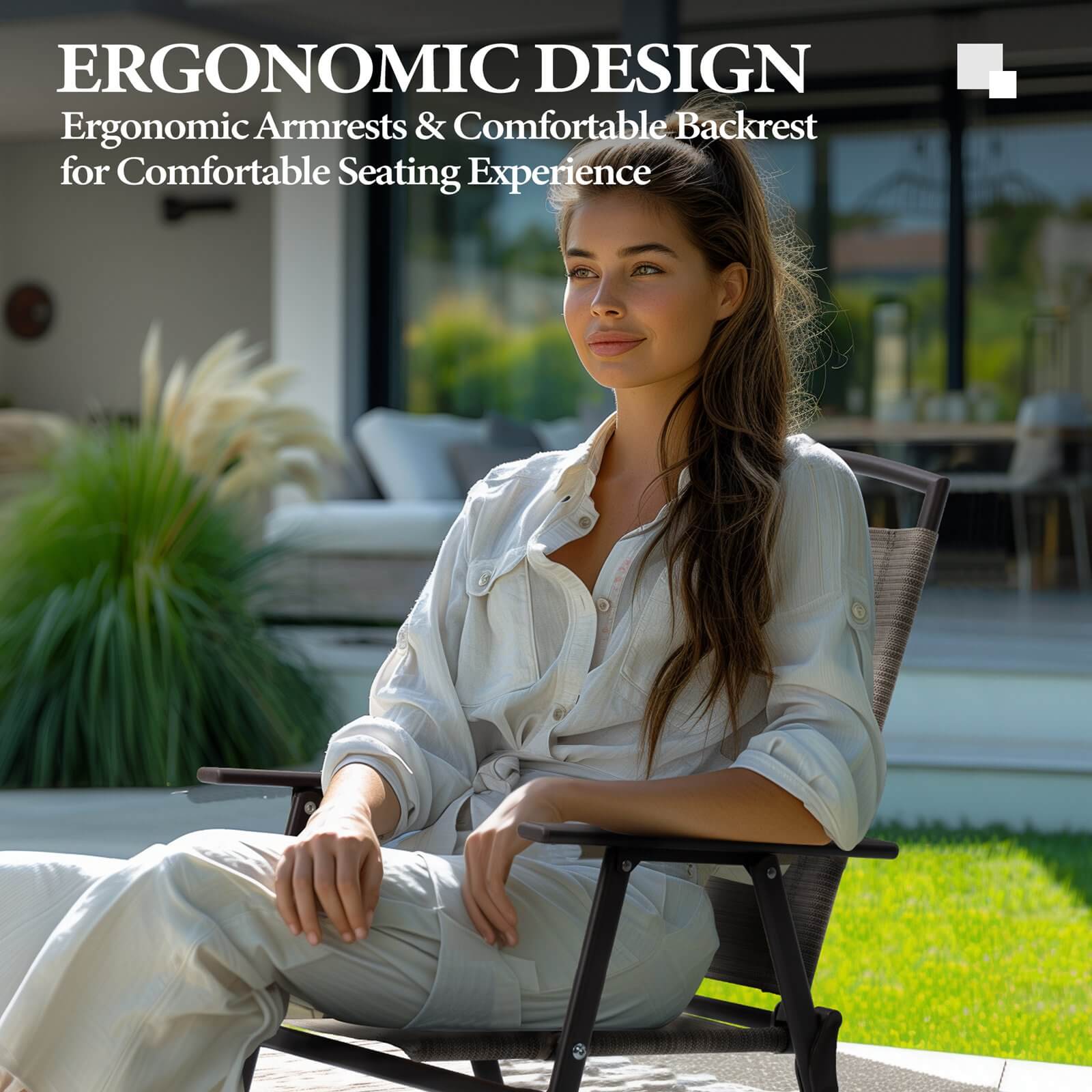 Woman relaxing on an ergonomic patio dining chair with comfortable backrest and armrests outdoors.