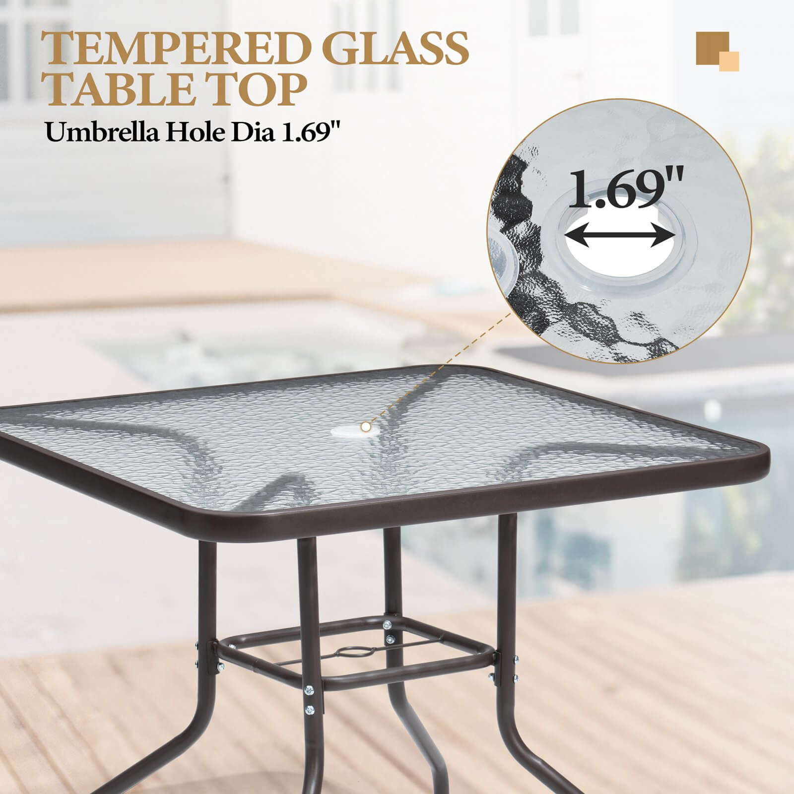 Tempered glass patio table top with a 1.69-inch umbrella hole feature detail.