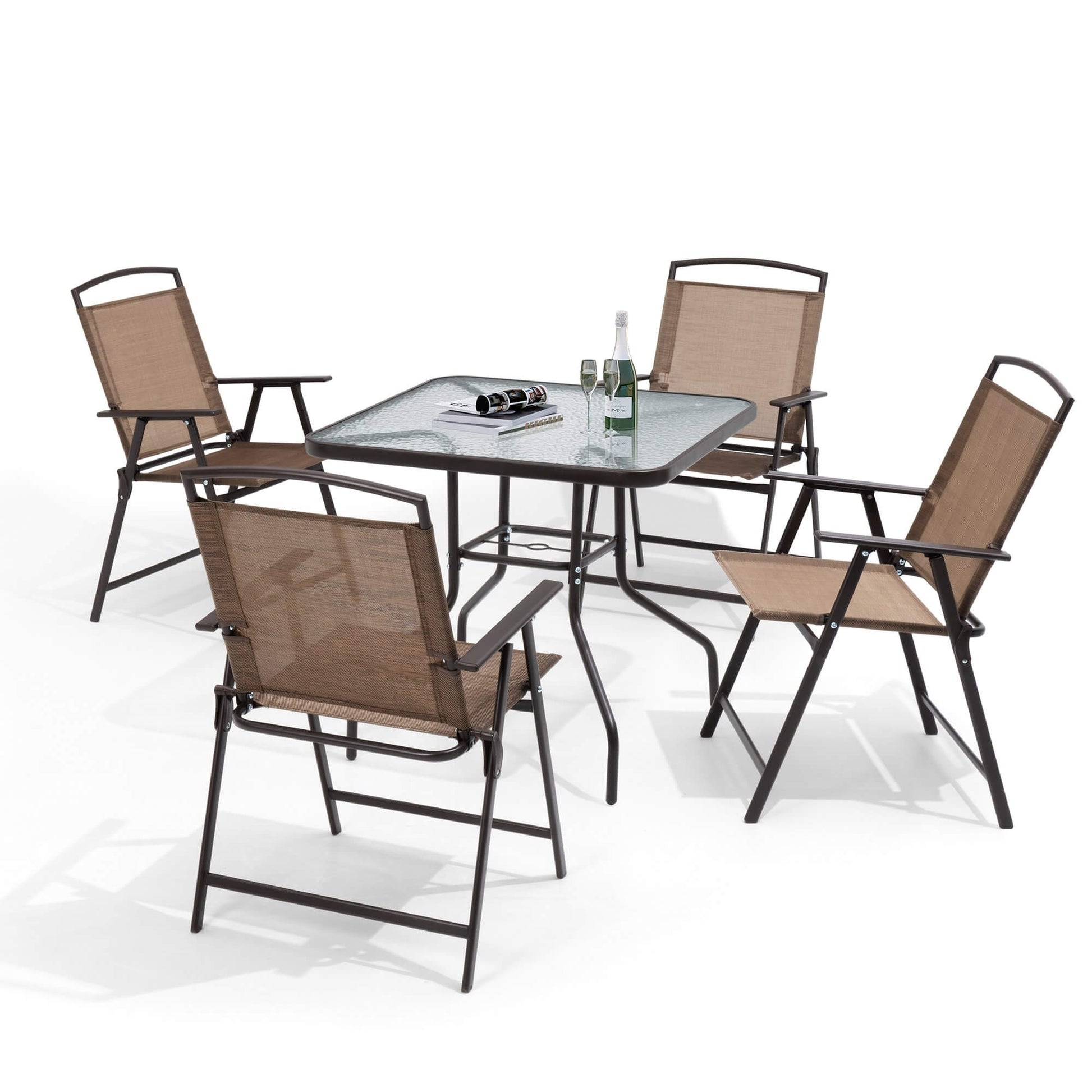 5-piece patio dining set featuring square glass top table and 4 folding chairs on white background.