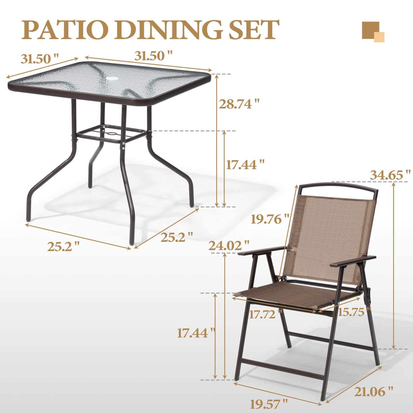 Dimension diagram of patio dining set showing square glass top table and folding chair specifications.