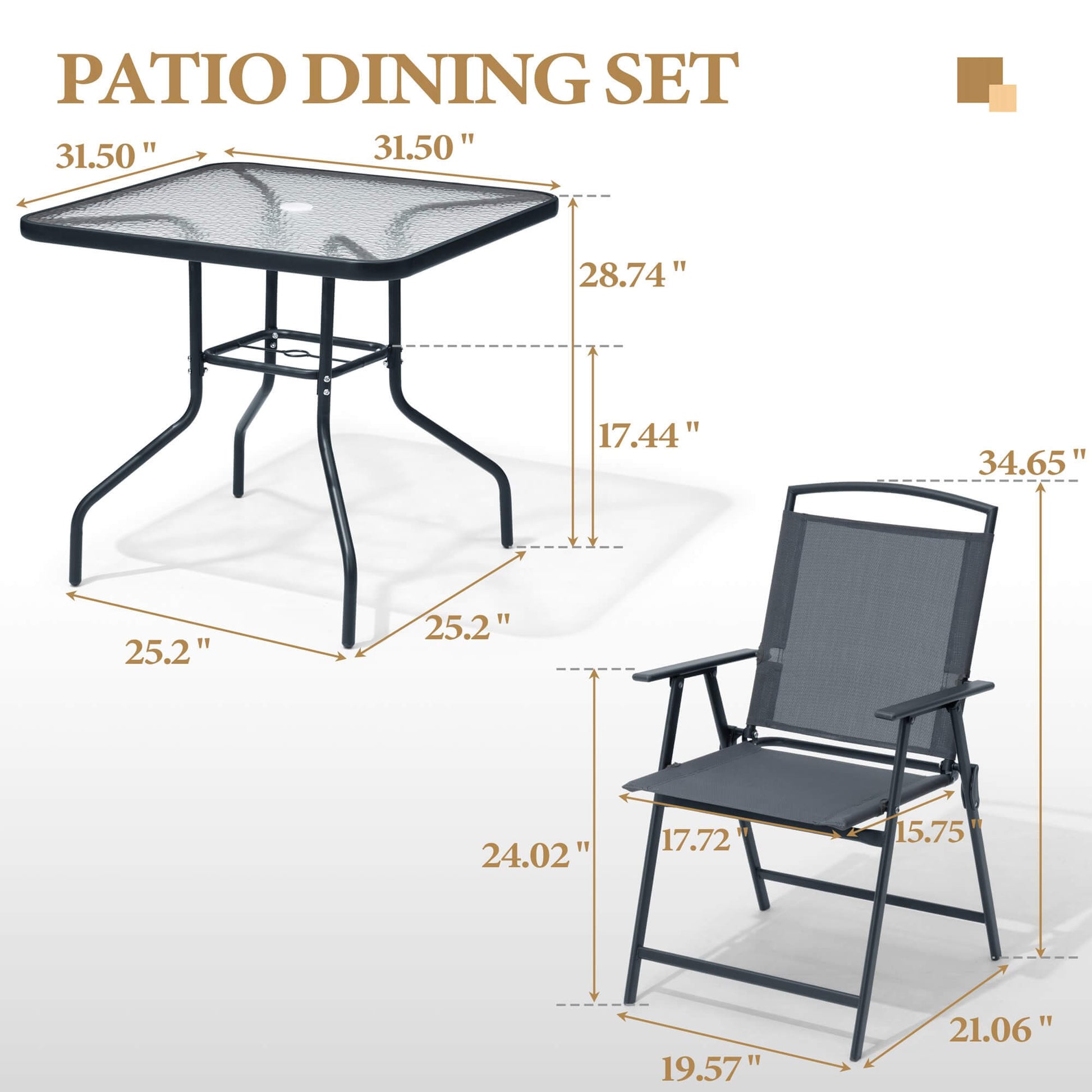Dimension diagram of dark gray patio dining set showing square glass top table and chair measurements.