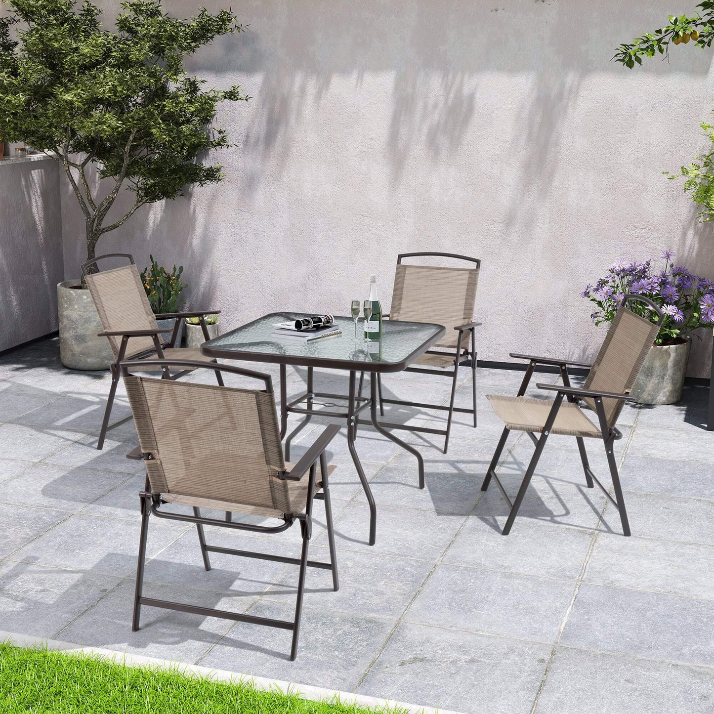 Steel Folding Outdoor Dining Chair Set of 4 with Textilene