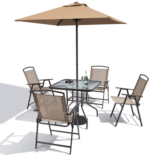 6-Piece Outdoor Dining Set with Glass Table & Umbrella