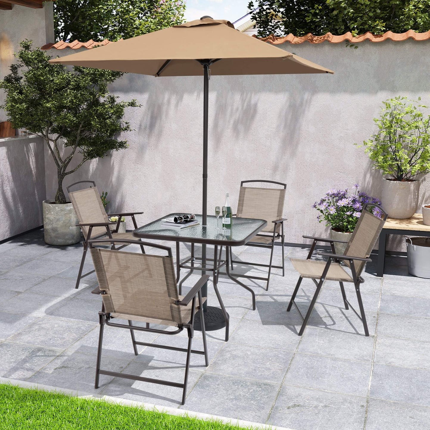 6-Piece Outdoor Dining Set with Glass Table & Umbrella