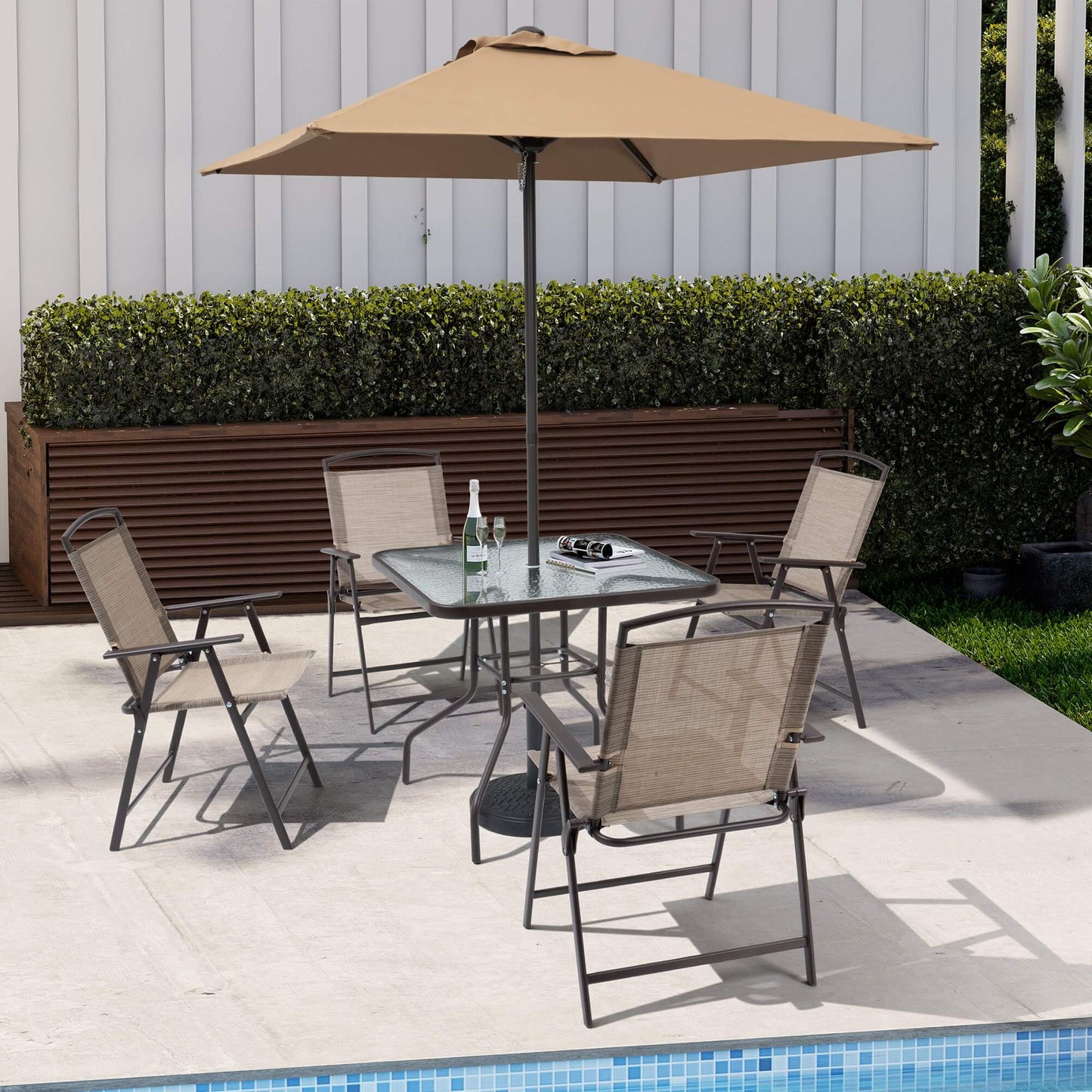 6-Piece Outdoor Dining Set with Glass Table & Umbrella