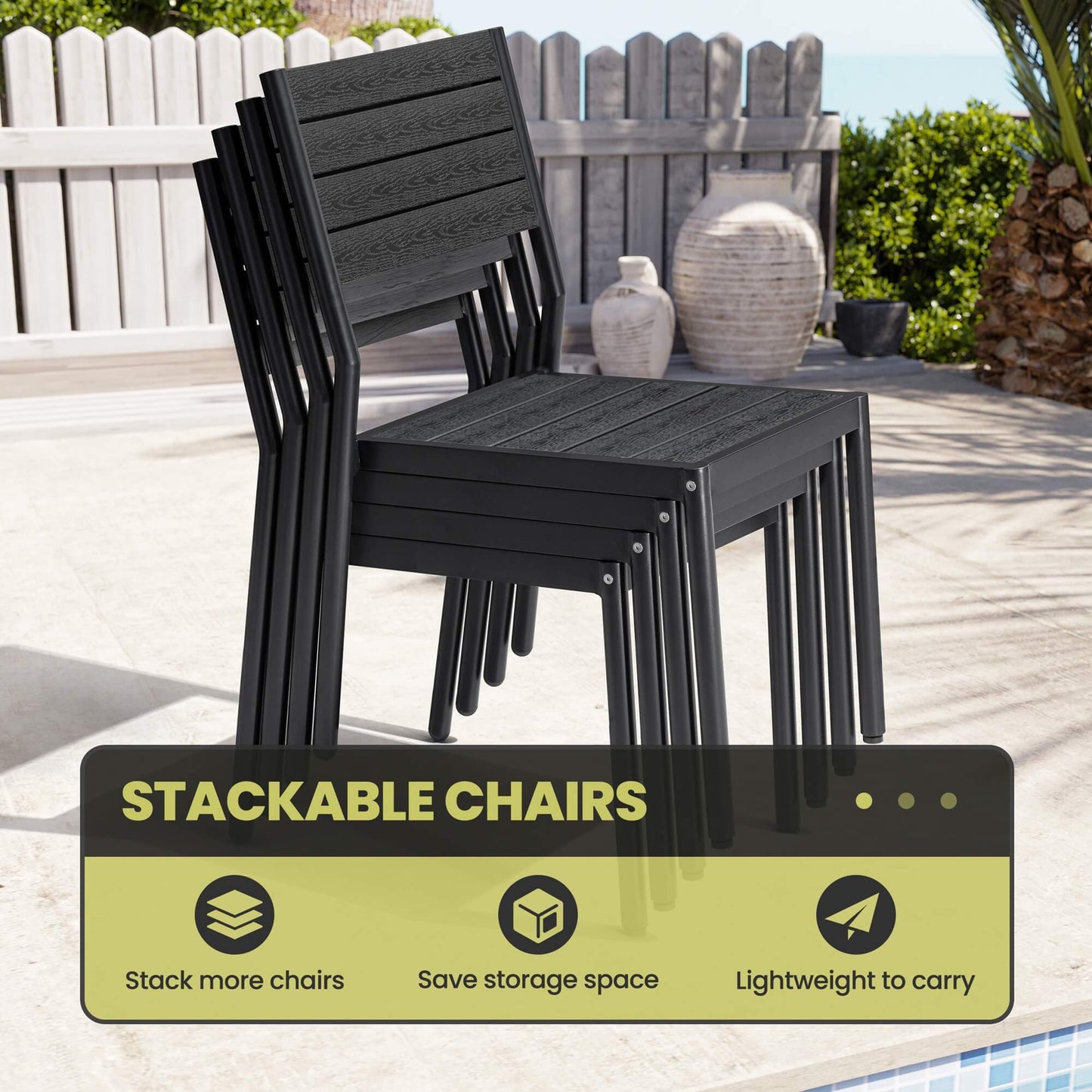Stackable black aluminum patio dining chairs with polywood slatted seats for space-saving storage.
