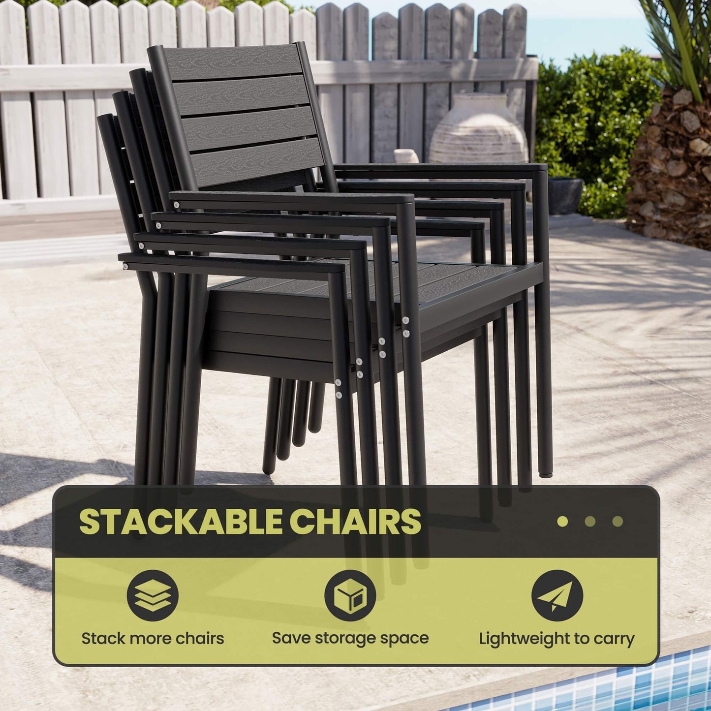 Stacked black aluminum patio dining chairs with polywood seats, highlighting space-saving outdoor storage.