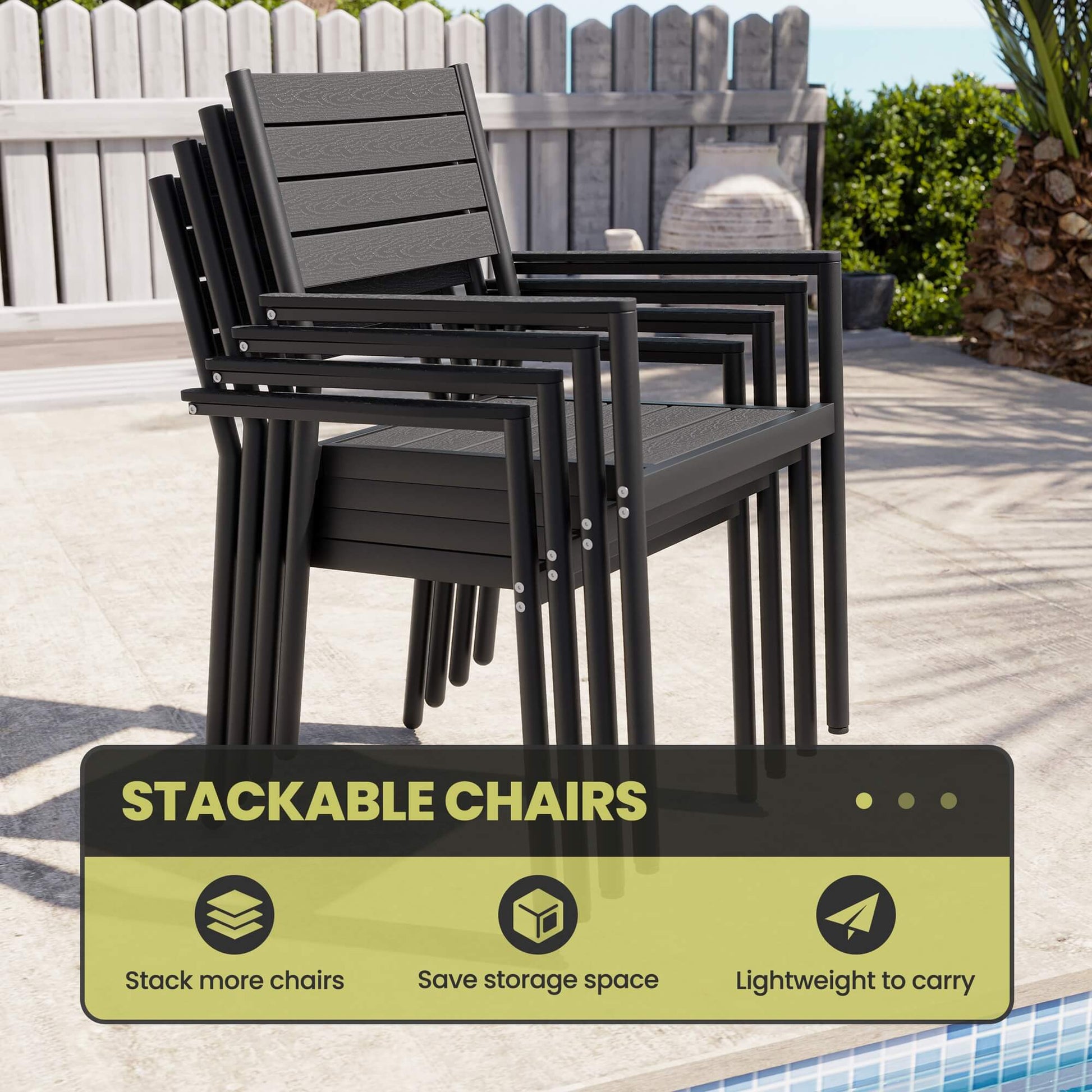 Stackable patio dining chairs with black aluminum frame and polywood seats for easy storage.