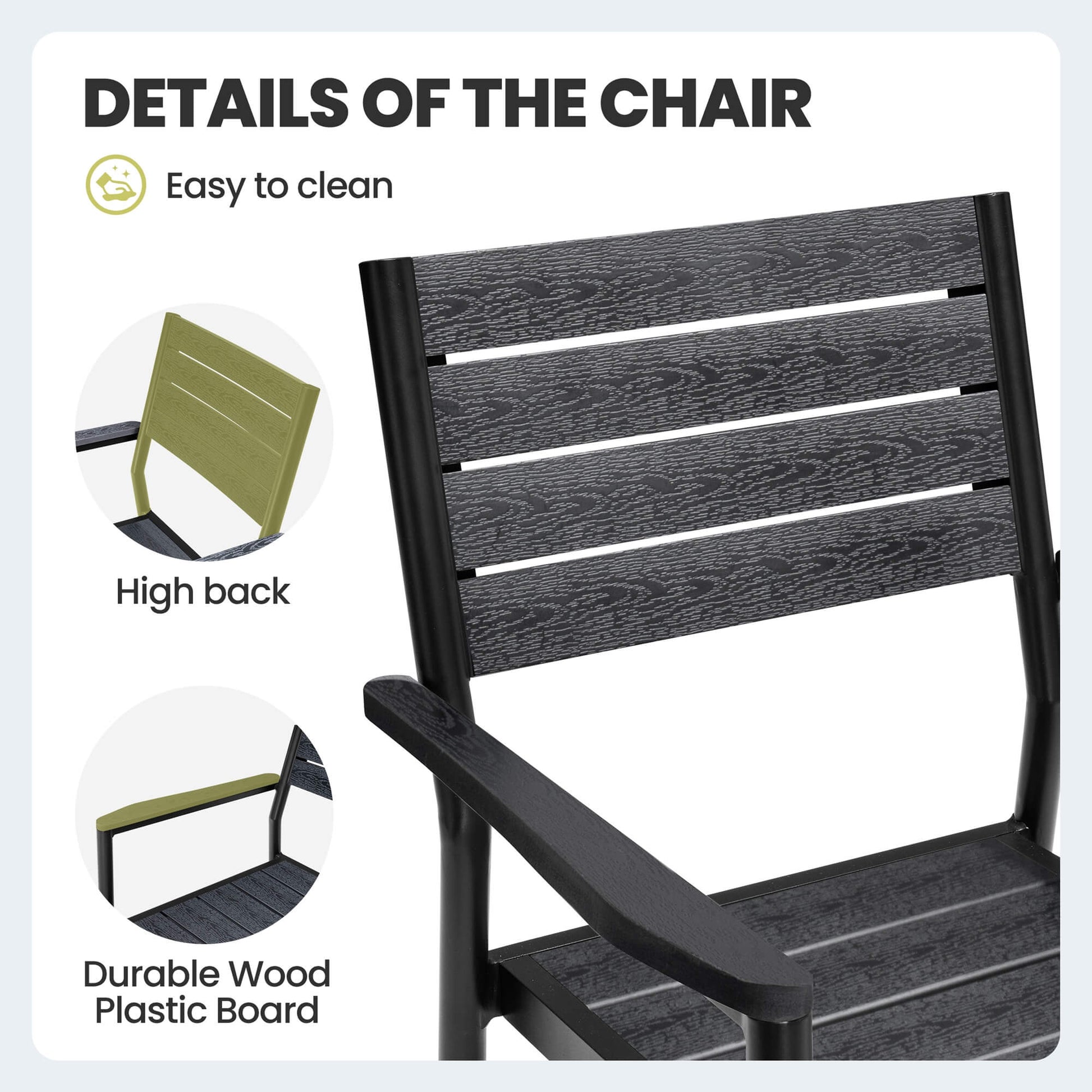 Close-up of black aluminum outdoor chair featuring polywood slatted high back and durable armrest.