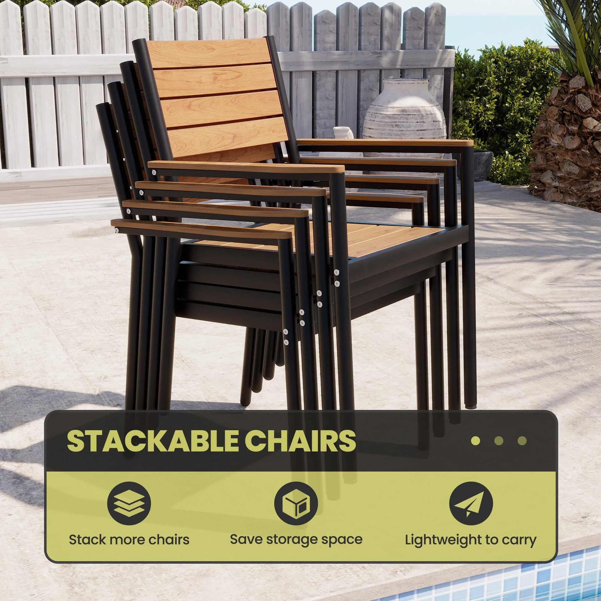 Stacked teak polywood patio armchairs showing space-saving storage design outdoors.