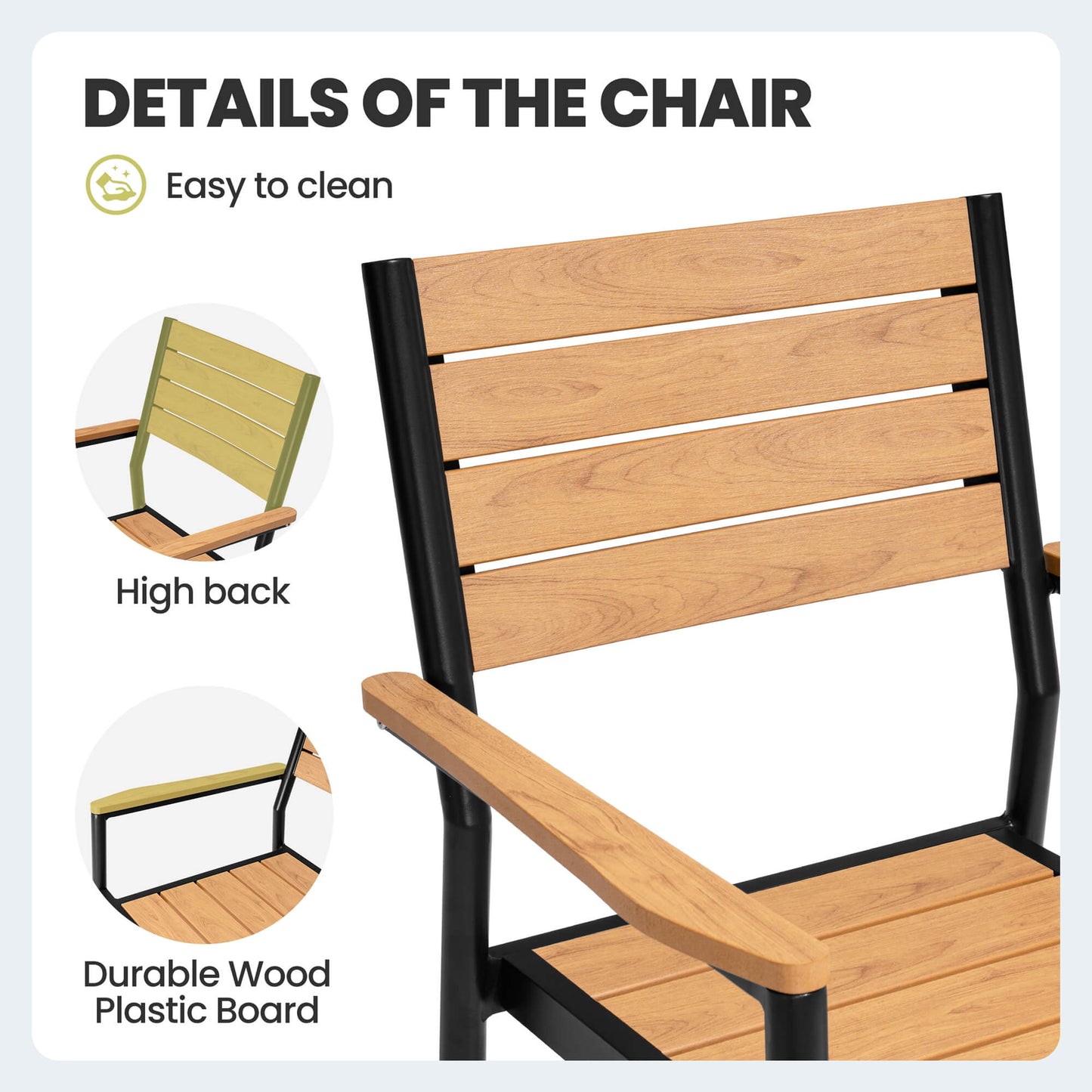 Close-up detail of outdoor armchair with teak polywood slatted backrest, armrest, and black frame.