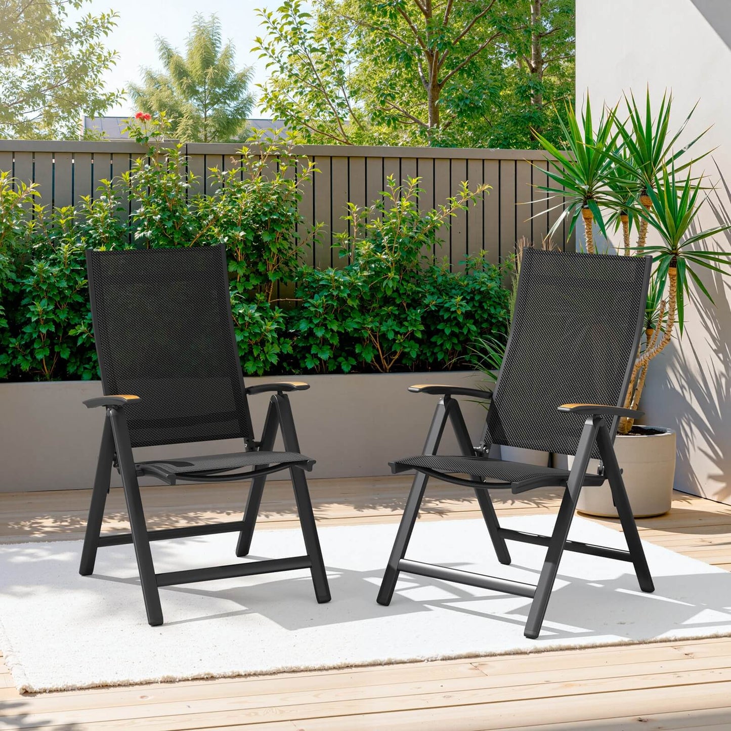 Aluminum Folding Outdoor Dining Chair Set of 2 with Textilene & Teak