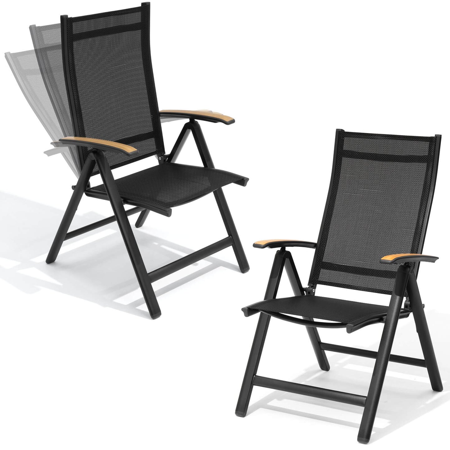 Aluminum Folding Outdoor Dining Chair Set of 2 with Textilene & Teak