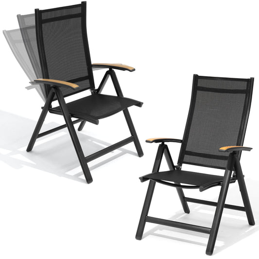 Aluminum Folding Outdoor Dining Chair Set of 2 with Textilene & Teak