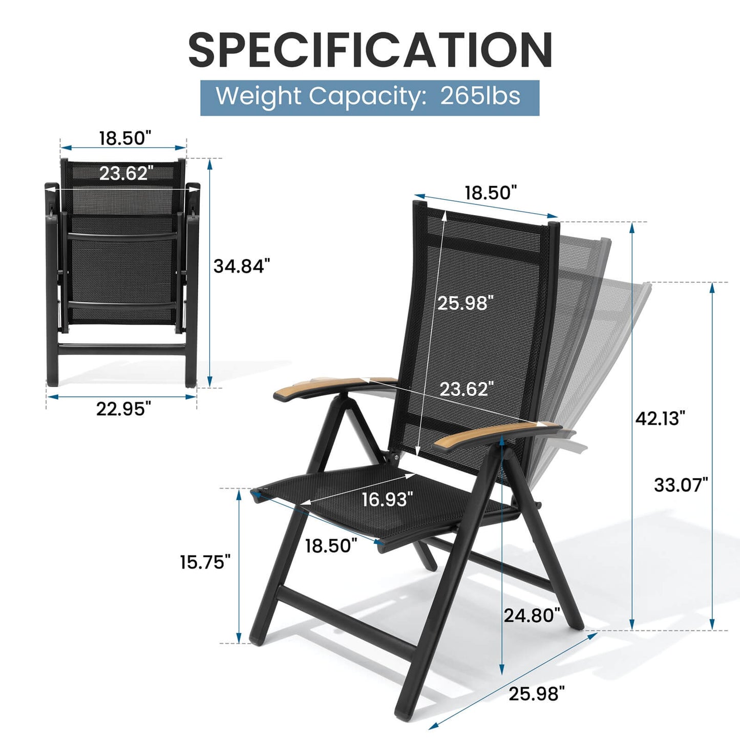 Aluminum Folding Outdoor Dining Chair Set of 2 with Textilene & Teak