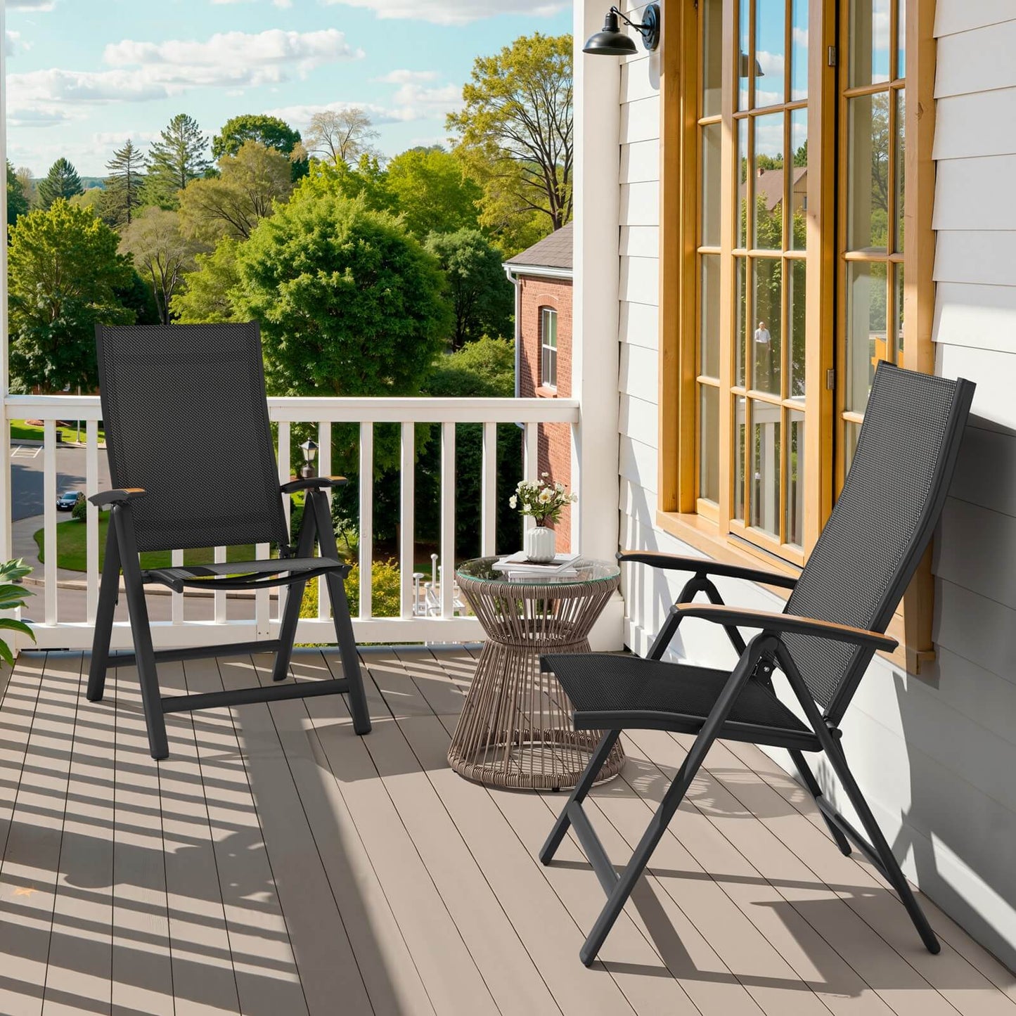 Aluminum Folding Outdoor Dining Chair Set of 2 with Textilene & Teak