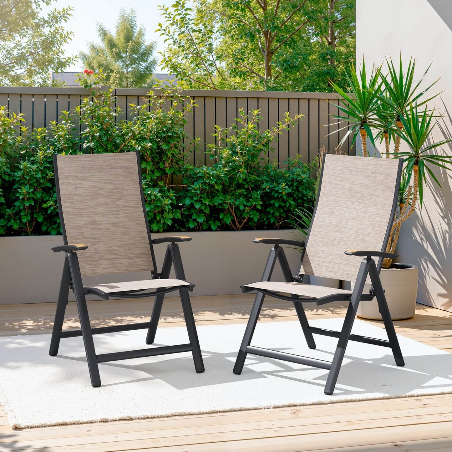 Aluminum Folding Outdoor Dining Chair Set of 2 with Textilene & Teak
