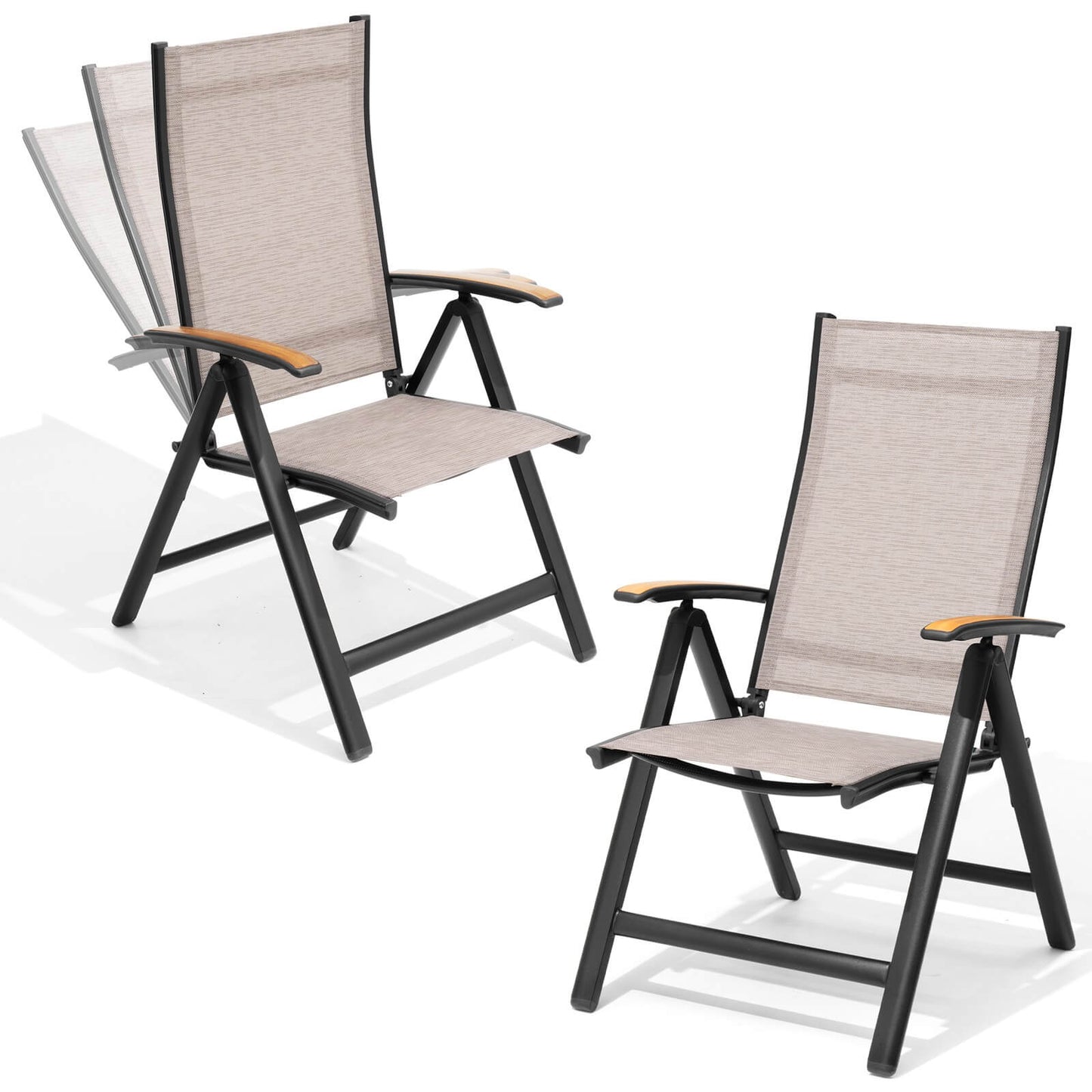 Aluminum Folding Outdoor Dining Chair Set of 2 with Textilene & Teak
