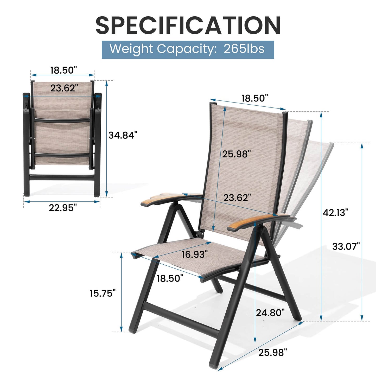 Aluminum Folding Outdoor Dining Chair Set of 2 with Textilene & Teak