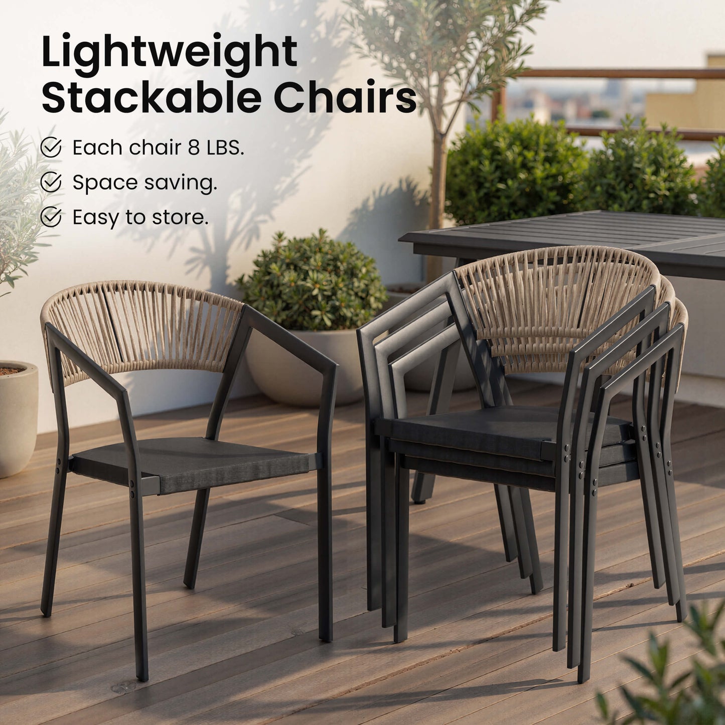 Aluminum Outdoor Stackable Dining Chairs with Woven Rope Back
