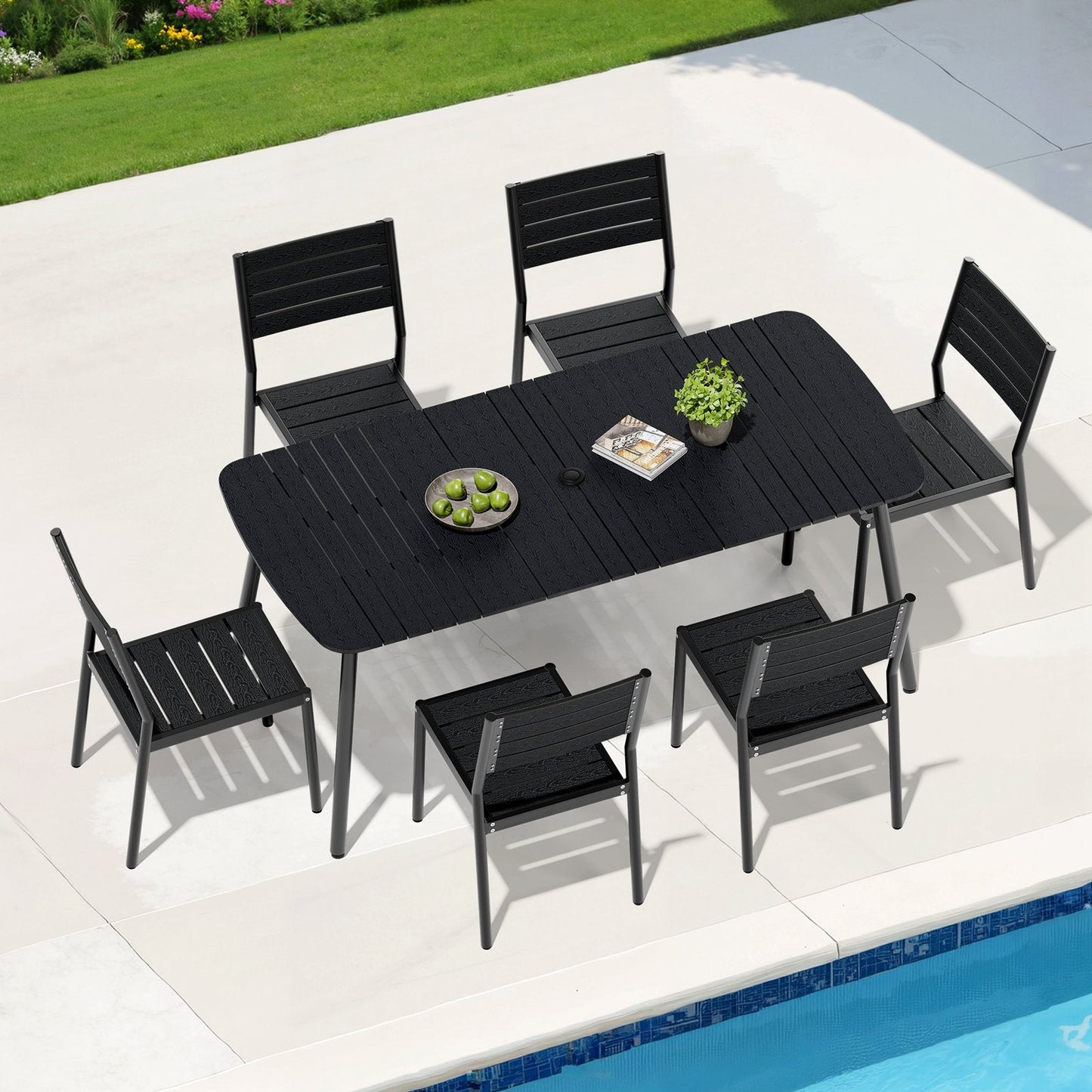 7/9-Piece Aluminum Dining Set with Umbrella Hole & Stackable Chairs
