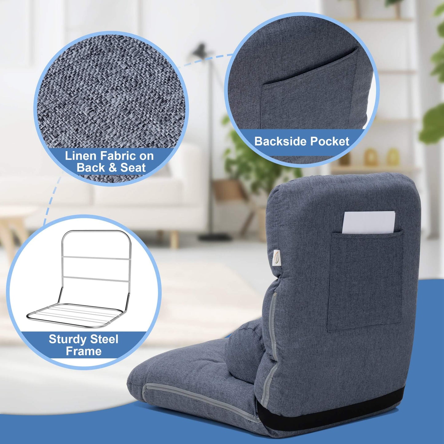 Linen Adjustable Folding Floor Chair with Cushion