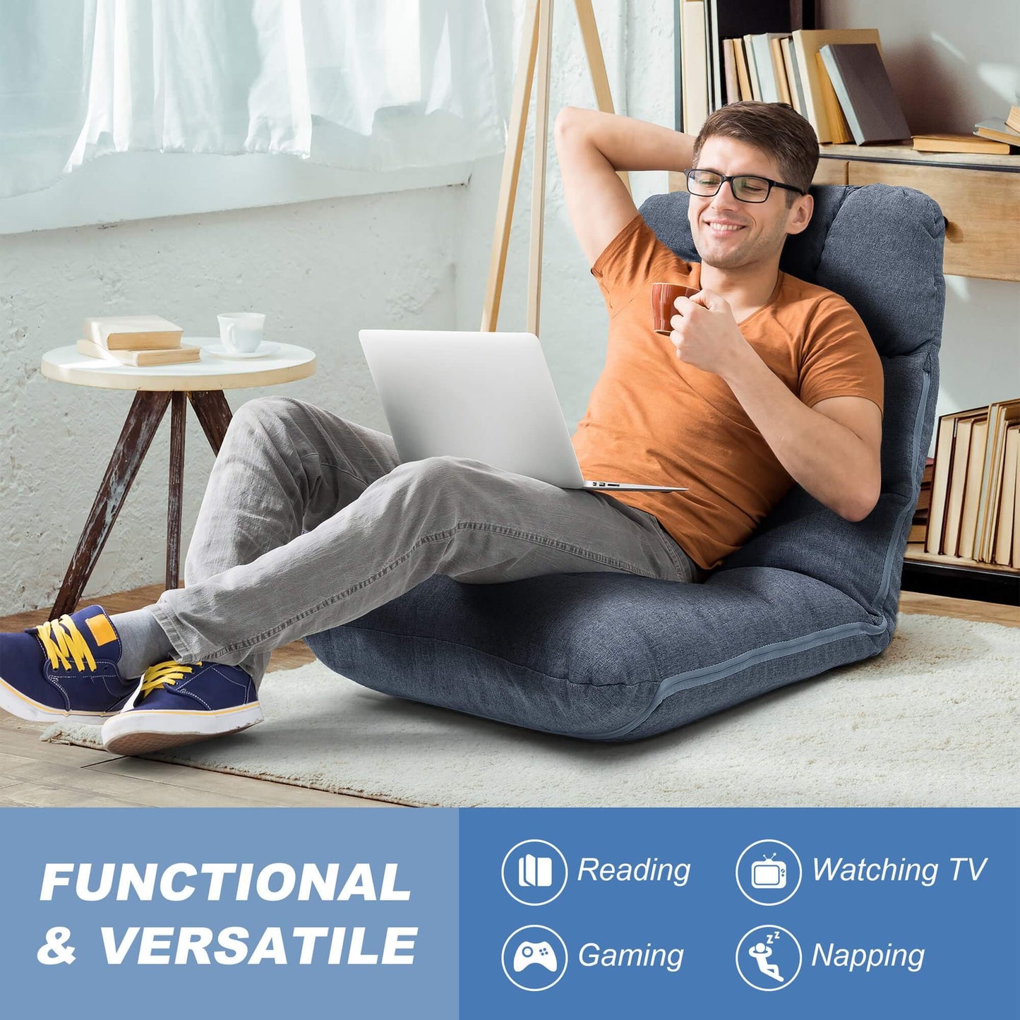 Linen Adjustable Folding Floor Chair with Cushion