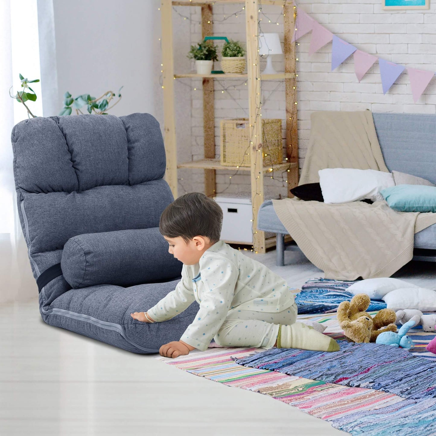 Linen Adjustable Folding Floor Chair with Cushion