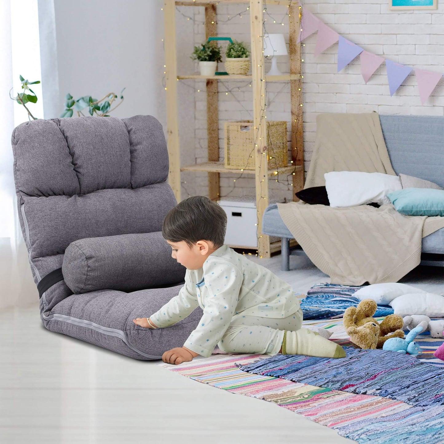 Linen Adjustable Folding Floor Chair with Cushion