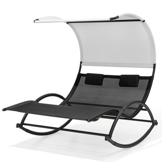 Aluminum Double Chaise Lounge with Canopy & Wheels