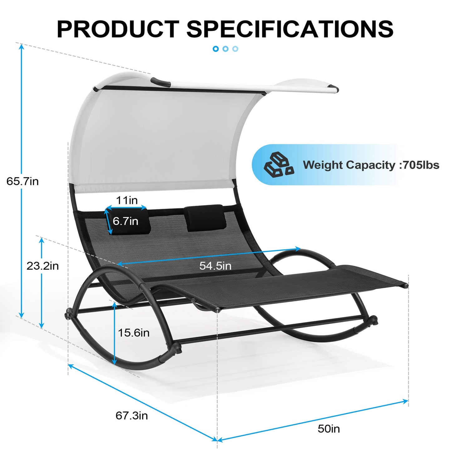 Aluminum Double Chaise Lounge with Canopy & Wheels