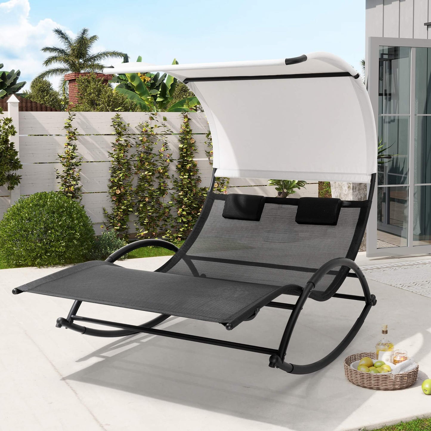 Aluminum Double Chaise Lounge with Canopy & Wheels
