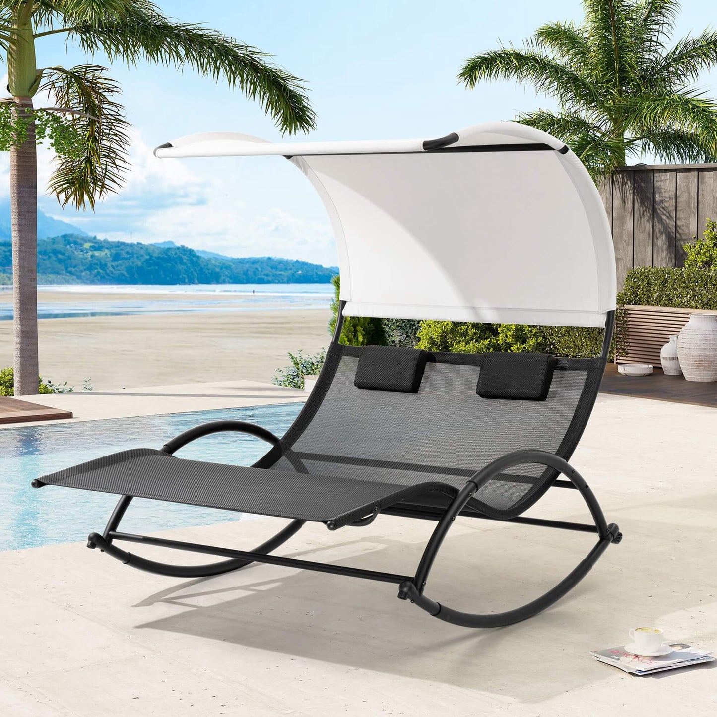 Aluminum Double Chaise Lounge with Canopy & Wheels